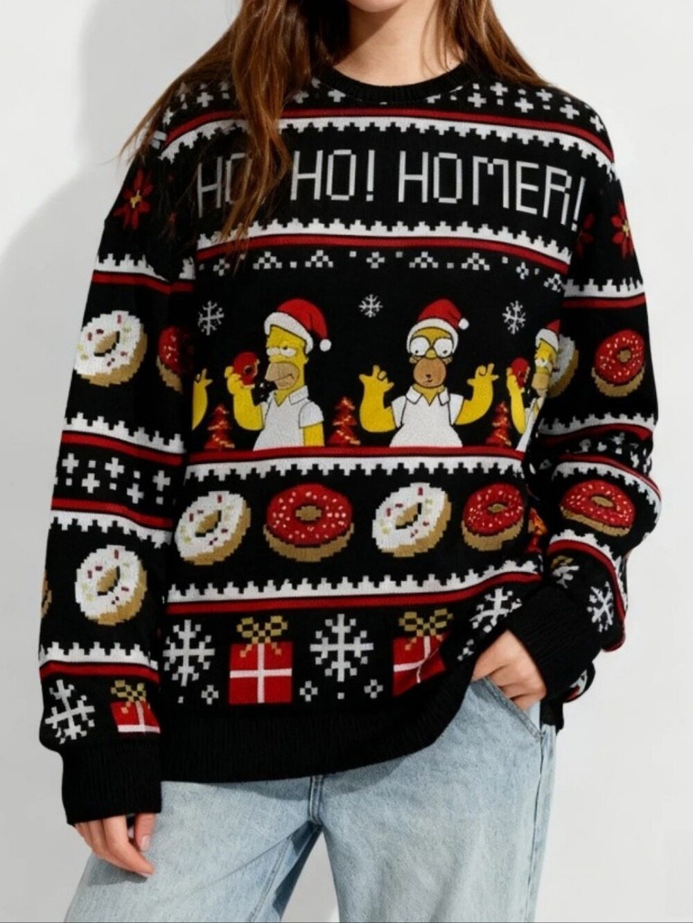 Black Holiday Novelty Knit Sweater with Festive Donut and Character Motif